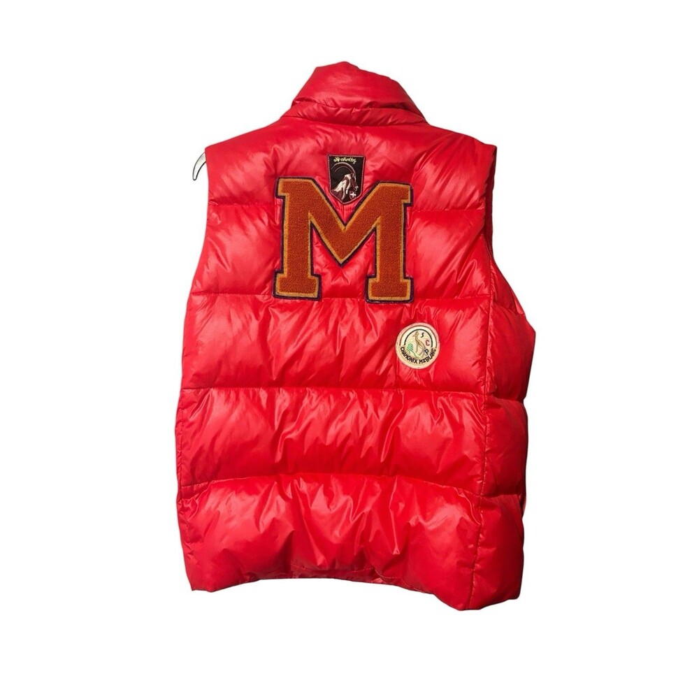 Moncler Red Down Puffer Vest Sz 1 Ski Patch Varsity M Appliqué Rare - Picture 2 of 15